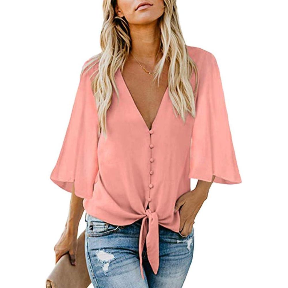 image:imageTuniques pour femme Manches 34 Col en V Solide Henley Chemises cravates nouer Blouses lches Rose XL