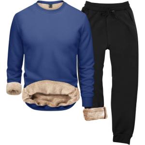 2026 Ensemble de sous-vêtements thermiques à capuche d&rsquo;hiver pour homme – Col rond – Couleur unie(Bleu)