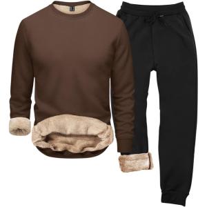 2026 Ensemble de sous-vêtements thermiques à capuche d&rsquo;hiver pour homme – Col rond – Couleur unie(Café)