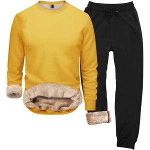 2026 Ensemble de sous-vêtements thermiques à capuche d&rsquo;hiver pour homme – Col rond – Couleur unie(Jaune)