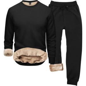 2026 Ensemble de sous-vêtements thermiques à capuche d&rsquo;hiver pour homme – Col rond – Couleur unie(Noir)
