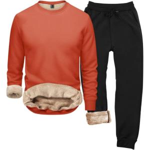 2026 Ensemble de sous-vêtements thermiques à capuche d&rsquo;hiver pour homme – Col rond – Couleur unie(Orange)