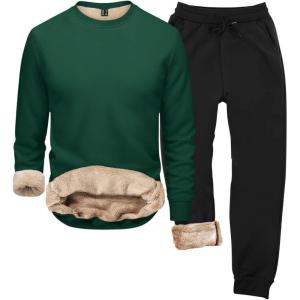 2026 Ensemble de sous-vêtements thermiques à capuche d&rsquo;hiver pour homme – Col rond – Couleur unie(Vert)