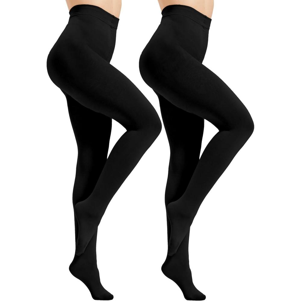 image:imageCollant Chaud Thermo pour Femme Hiver Doublure Polaire paisse Collants Thermique Gainant Opaque lastique et Confortable2 paires noires
