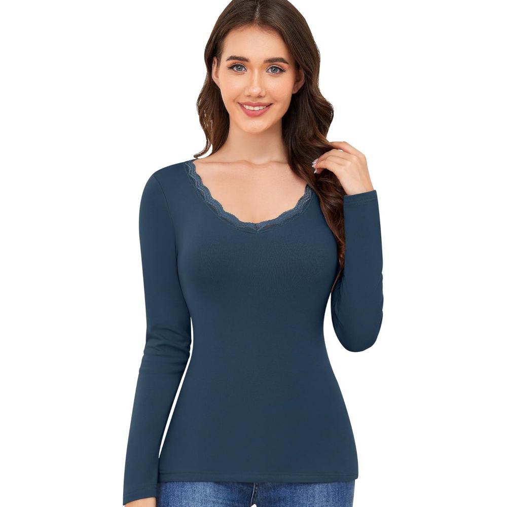 image:imageHaut Thermique Femme sous Pull Thermique Femme Col V en Dentelle Manche Longue Casual sousvtements Thermiques TShirtBleu Fonc