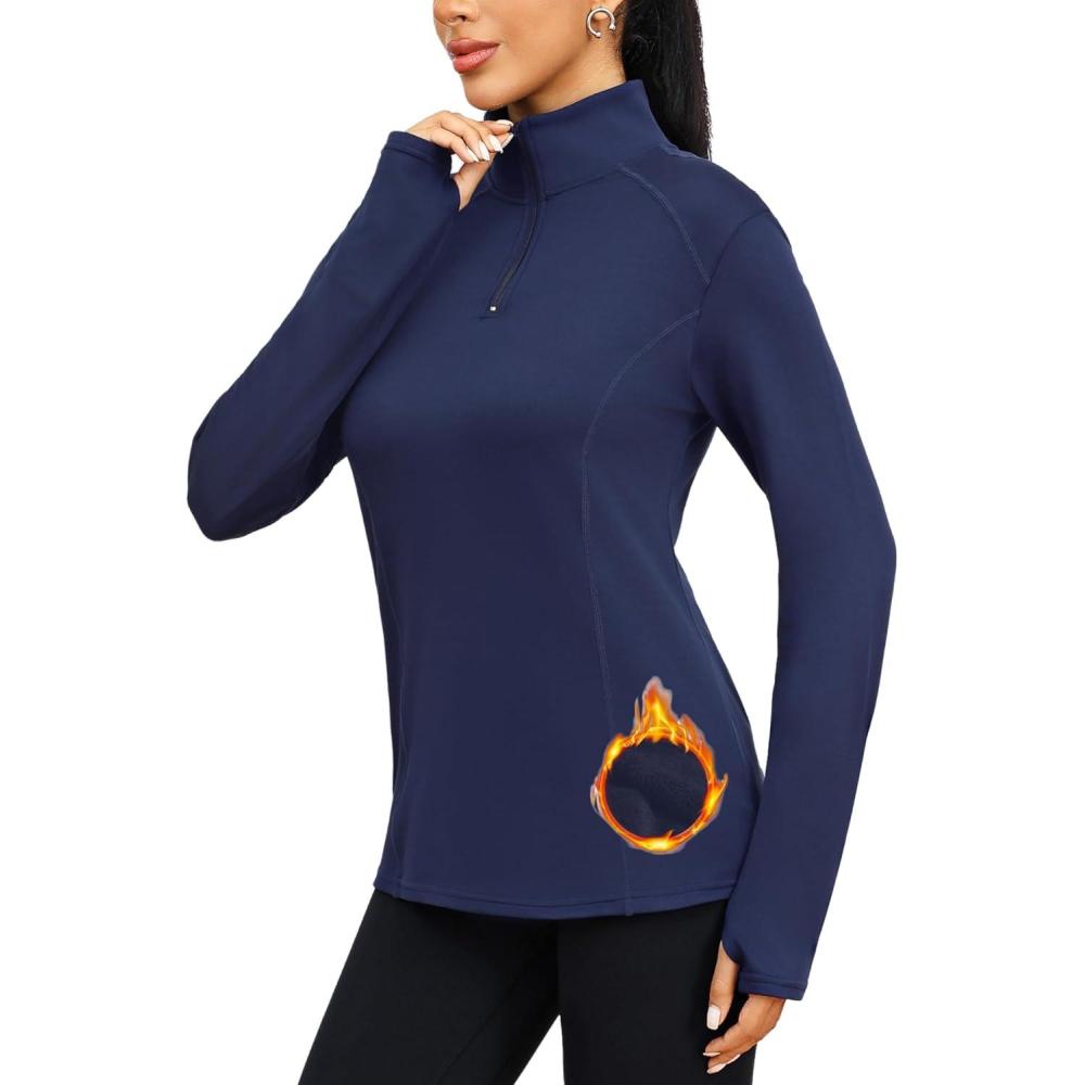 image:imageHauts Thermiques Femme Manche Longue Tee Shirt de Sport Polaire Demizipp Col V Top paissis avec Trou pour Le Pouce sousVtements Chaud HiverBleu Marine