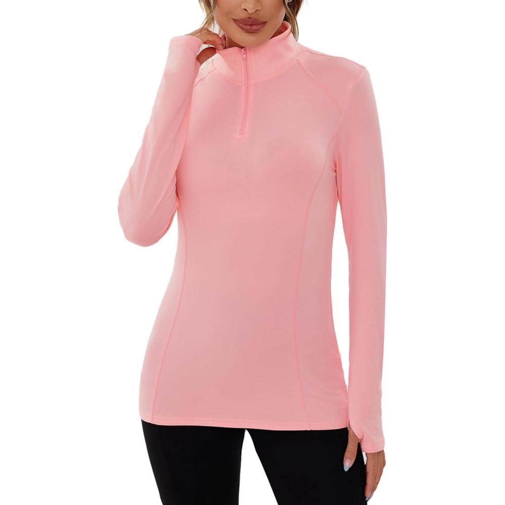 image:imageHauts Thermiques Femme Manche Longue Tee Shirt de Sport Polaire Demizipp Col V Top paissis avec Trou pour Le Pouce sousVtements Chaud HiverRose