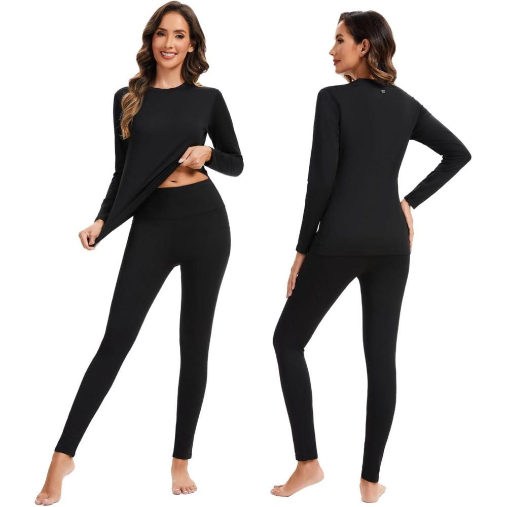 image:imageSet de sousvtements Thermiques pour Femme  Combinaison Hiver Respirante avec Doublure Polaire Haut Manches Longues amp Leggings Doux pour Ski et Activits ExtrieuresNoir